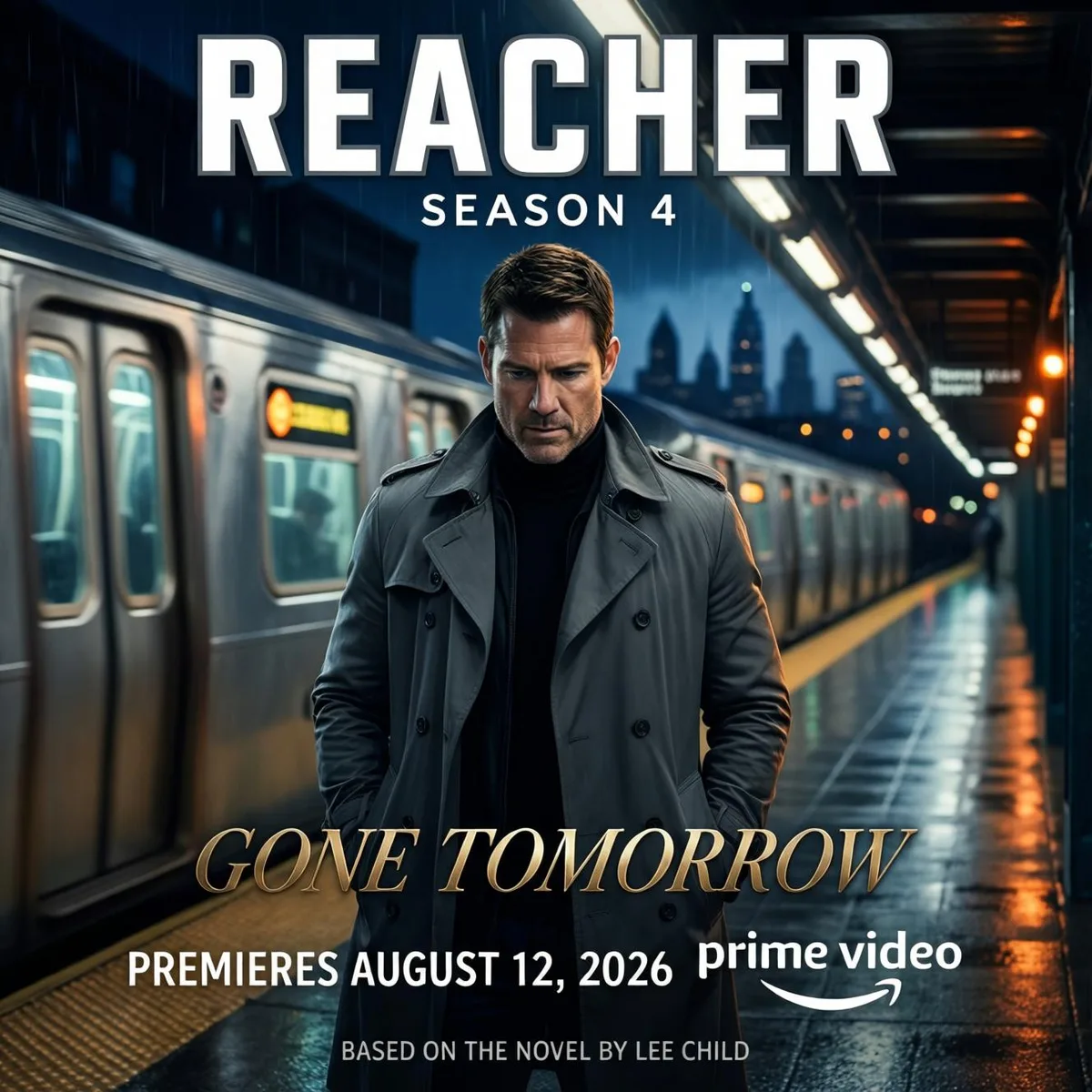 Reacher Season 4 promotional artwork showing Jack Reacher on a rain-soaked subway platform, with an August 12, 2026 premiere date on Prime Video.