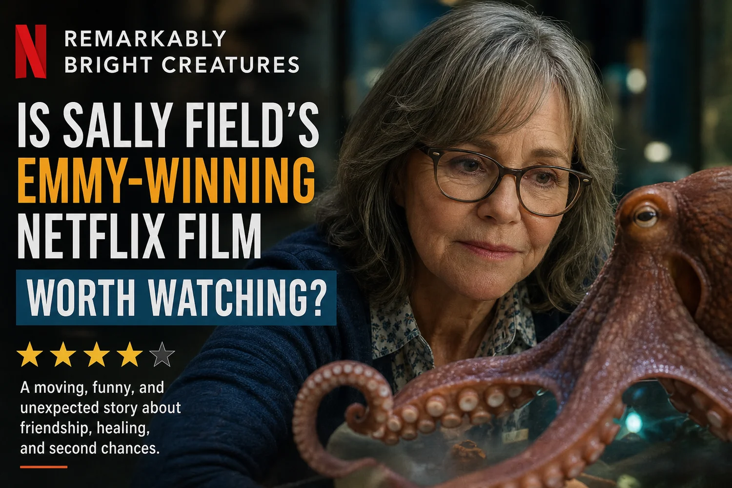 Remarkably Bright Creatures poster art featuring Sally Field as Tova alongside Marcellus the octopus.