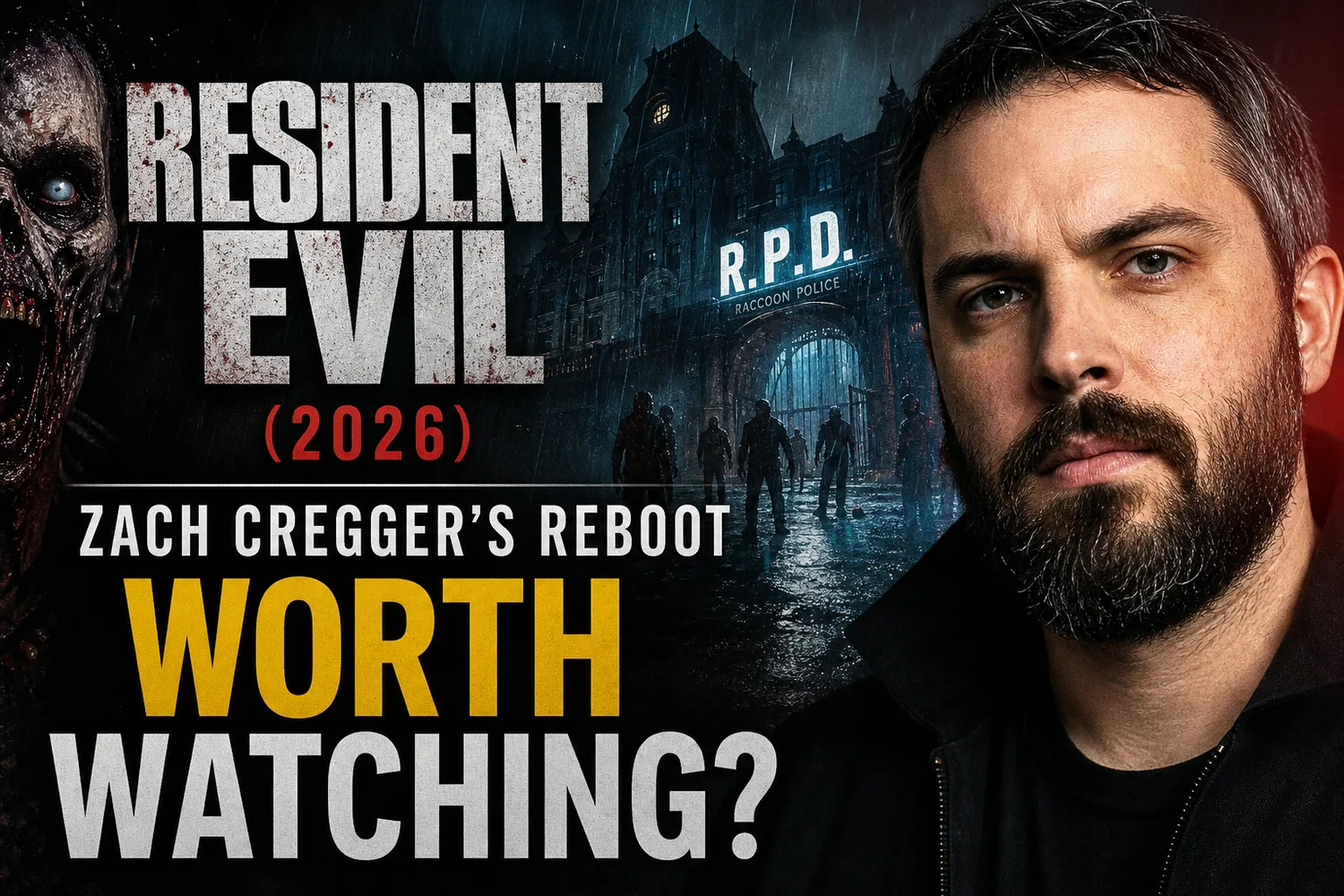 Key art for the 2026 Resident Evil reboot showing director Zach Cregger alongside a zombie and the Raccoon City police department.