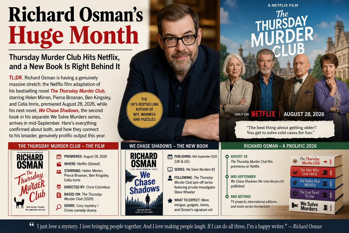 Richard Osman's We Chase the Shadows book cover beside the Thursday Murder Club characters, marking his new 2026 novel.