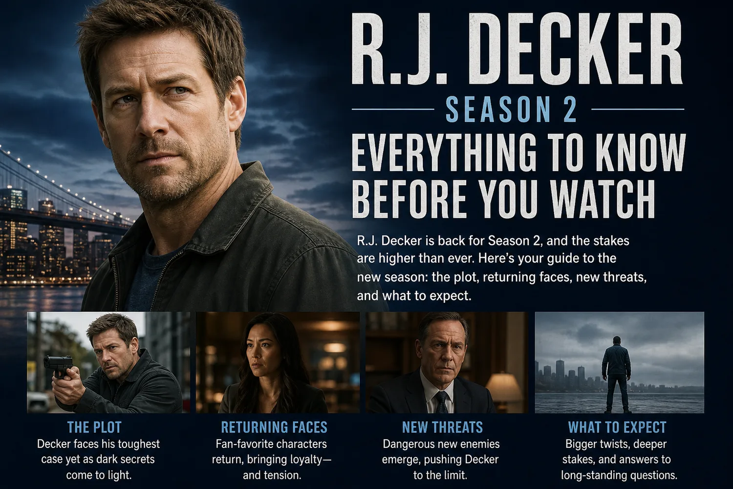 Key art for R.J. Decker Season 2 showing Scott Speedman in character alongside the season's returning cast.