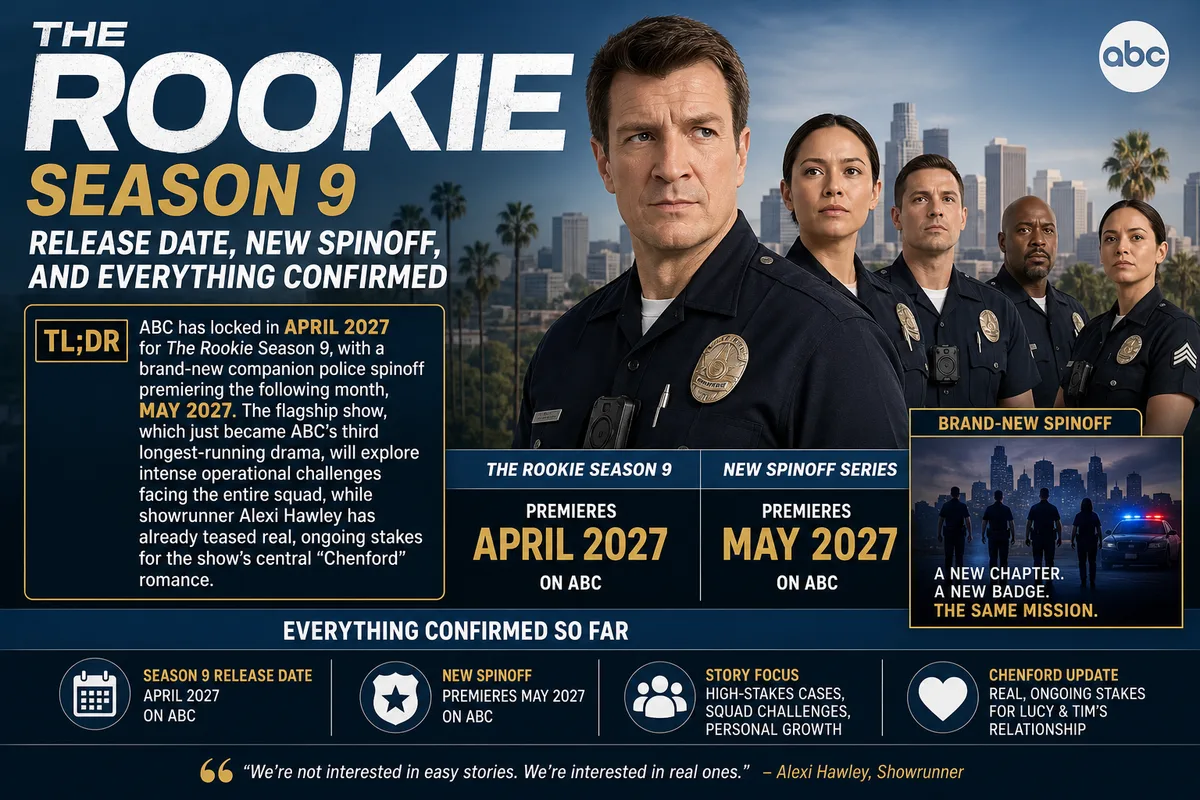 The Rookie Season 9 key art with the full cast, confirming an April 2027 premiere on ABC alongside a new companion spinoff series in May 2027.