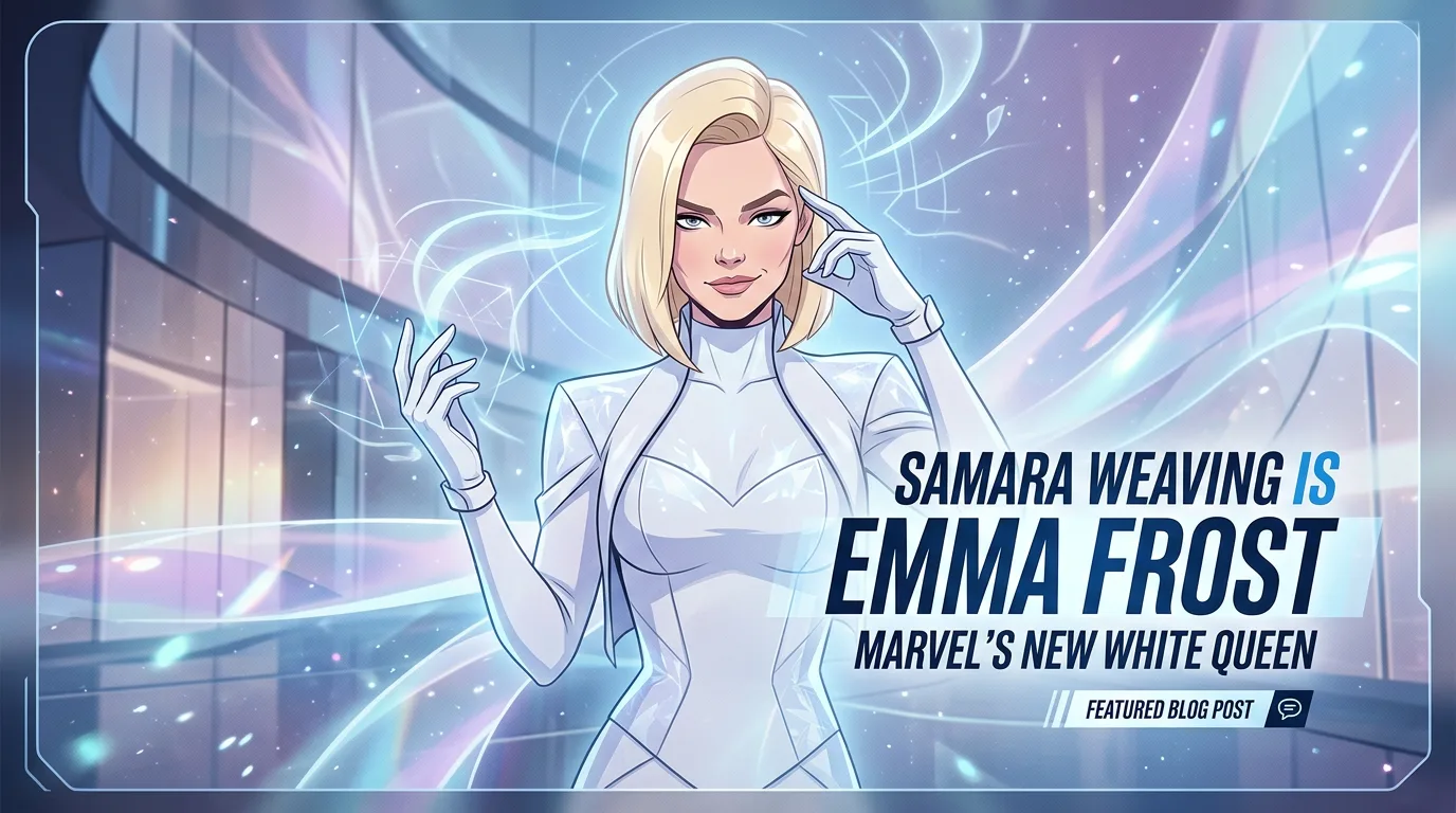Illustrated announcement graphic of Samara Weaving as Emma Frost, Marvel's new White Queen, in a white telepathic-diamond costume against a futuristic X-Men facility.