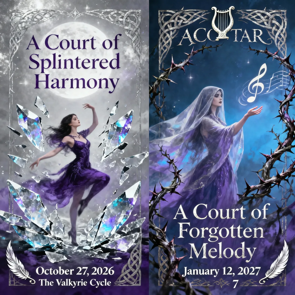 Split cover reveal for A Court of Splintered Harmony and A Court of Forgotten Melody, showing two illustrated women in purple gowns against a shattered-glass moonlit backdrop and a thorn-wrapped harp motif, with October 27, 2026 and January 12, 2027 release dates.