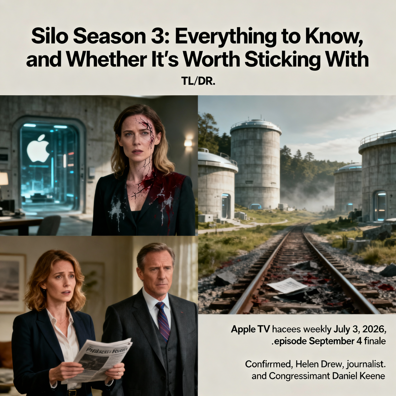 Silo Season 3 visual showing Rebecca Ferguson in a damaged mechanical suit staring up the spiral stairwell of Silo 17.