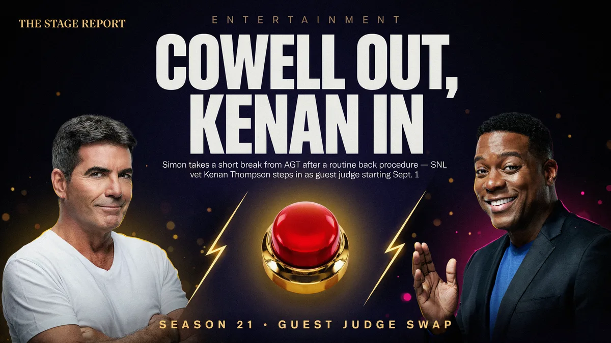 Simon Cowell and Kenan Thompson on either side of a glowing red buzzer, titled Cowell Out, Kenan In, AGT Season 21 guest judge swap.