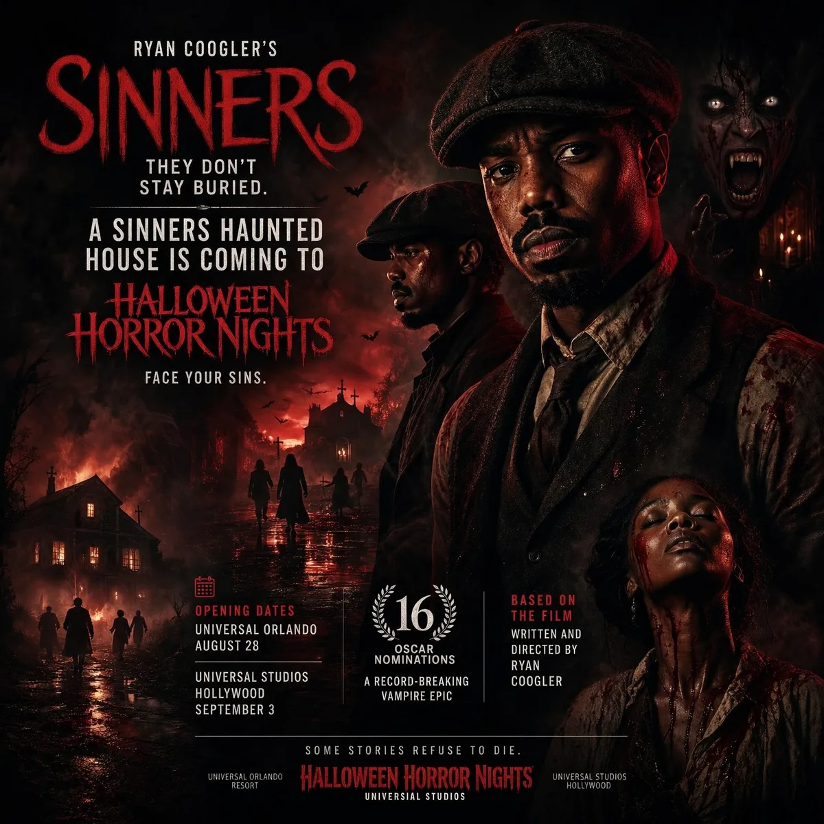 Sinners Halloween Horror Nights key art showing Michael B. Jordan's twin characters in period suits beside a fanged vampire, with opening dates for Universal Orlando and Universal Studios Hollywood.
