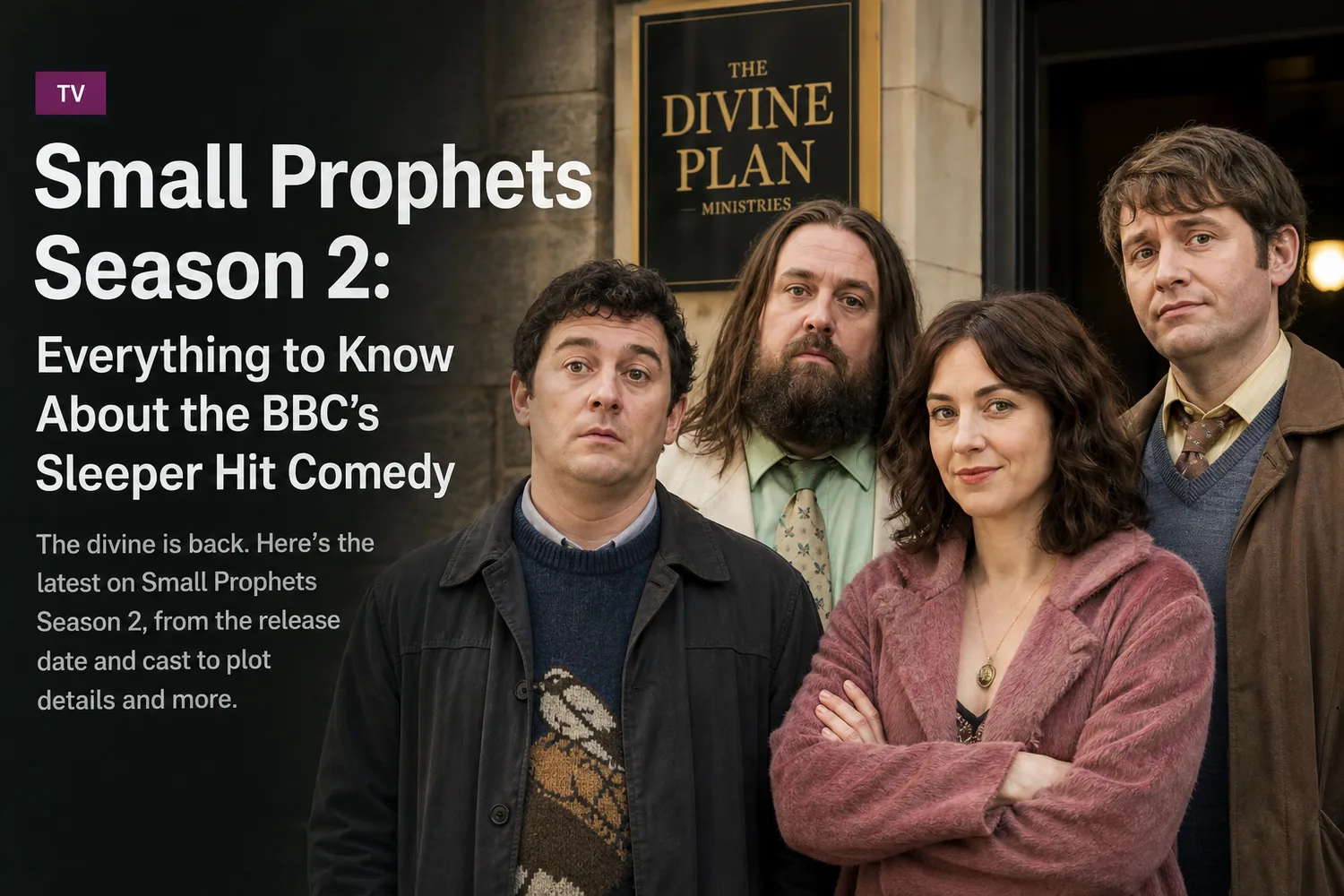 Key art for Small Prophets season 2 showing the cast outside The Divine Plan Ministries.