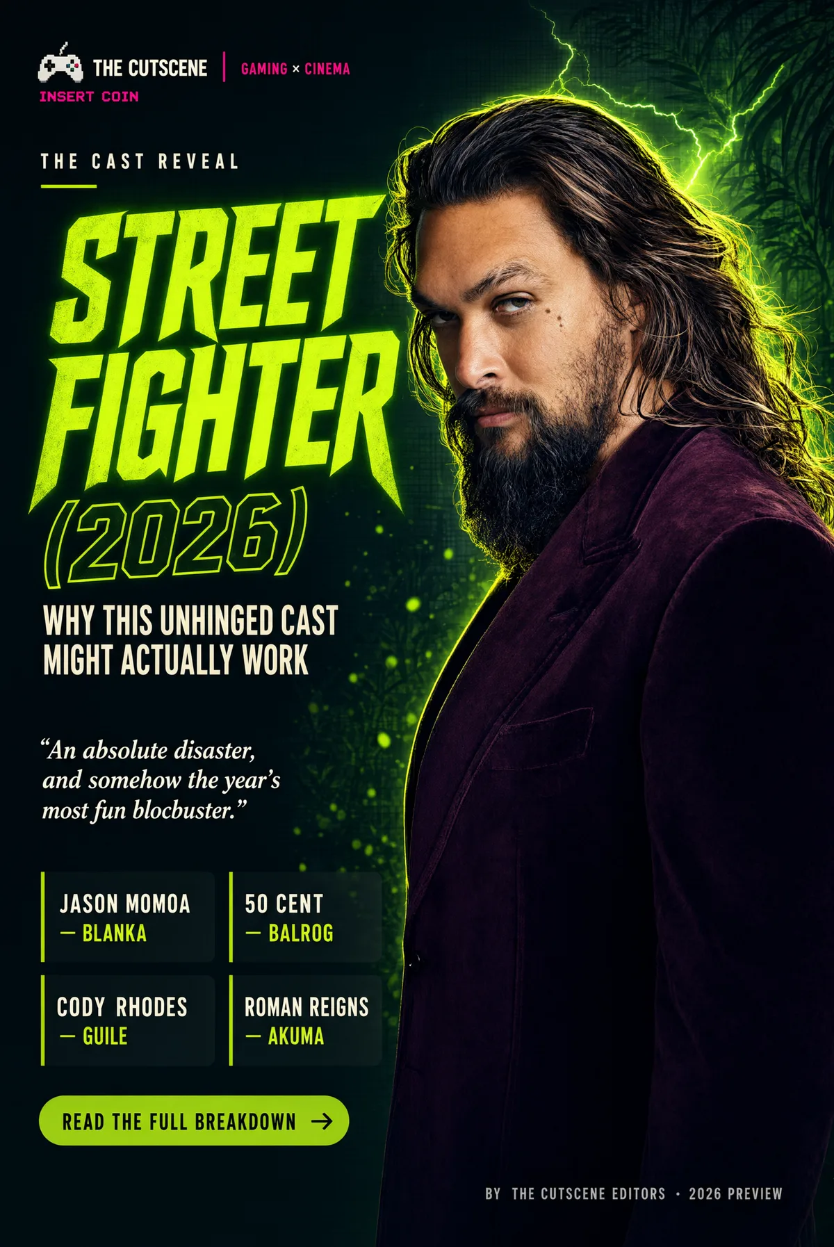 Street Fighter 2026 movie poster featuring Jason Momoa in a purple velvet suit with green lightning behind him, alongside a cast reveal for 50 Cent, Cody Rhodes and Roman Reigns.