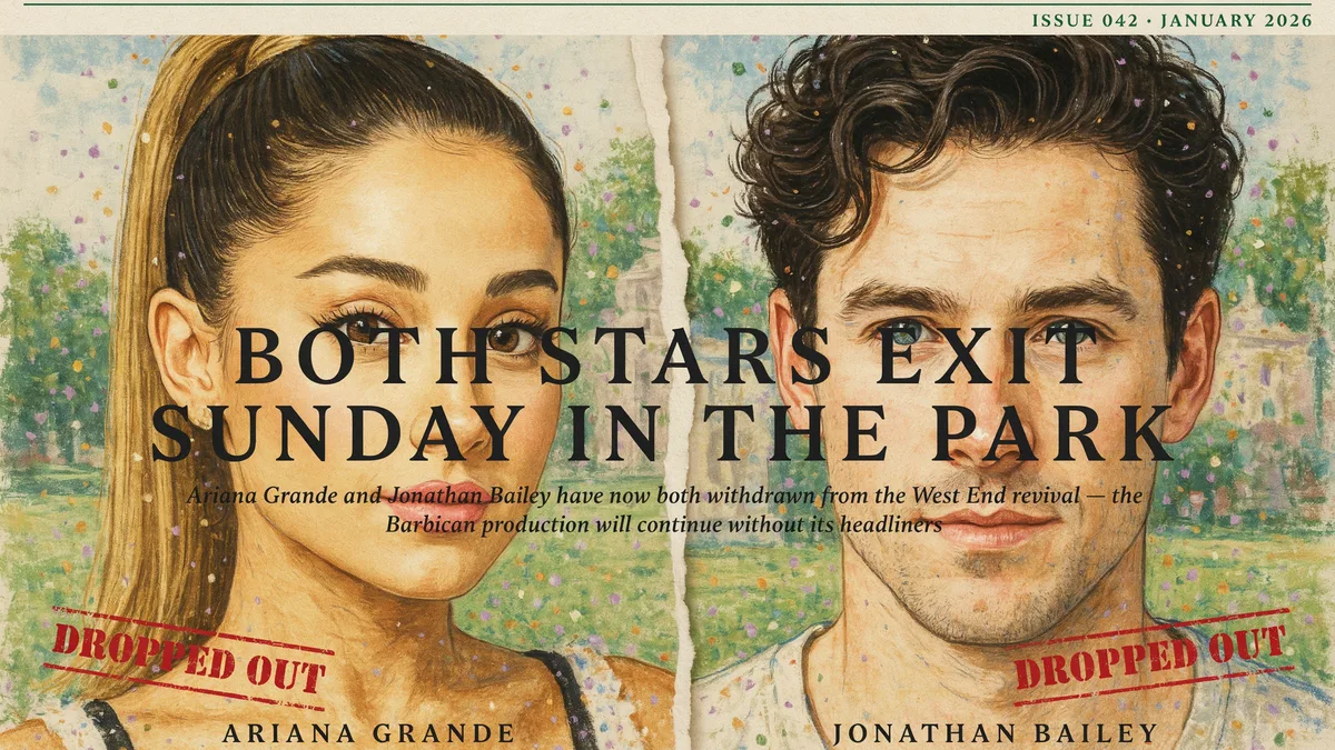 A torn newspaper-style graphic with Ariana Grande and Jonathan Bailey side by side, both stamped Dropped Out, titled Both Stars Exit Sunday in the Park With George.
