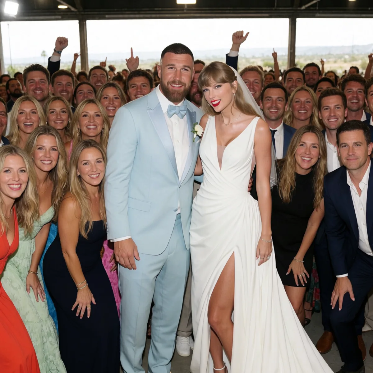 Taylor Swift and Travis Kelce surrounded by cheering wedding guests at Madison Square Garden, celebrating their July 3, 2026 marriage.