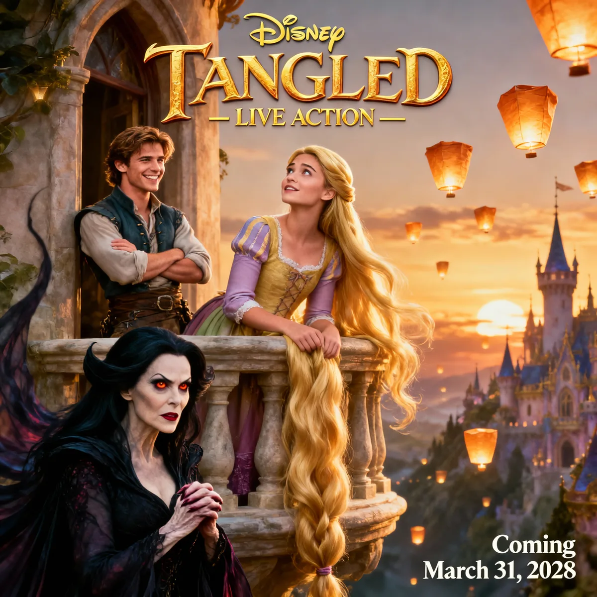 Live-action Tangled poster showing Rapunzel and Flynn Rider on a lantern-lit castle balcony with Mother Gothel in the foreground, floating lanterns and a castle at sunset in the background, release date March 31, 2028.
