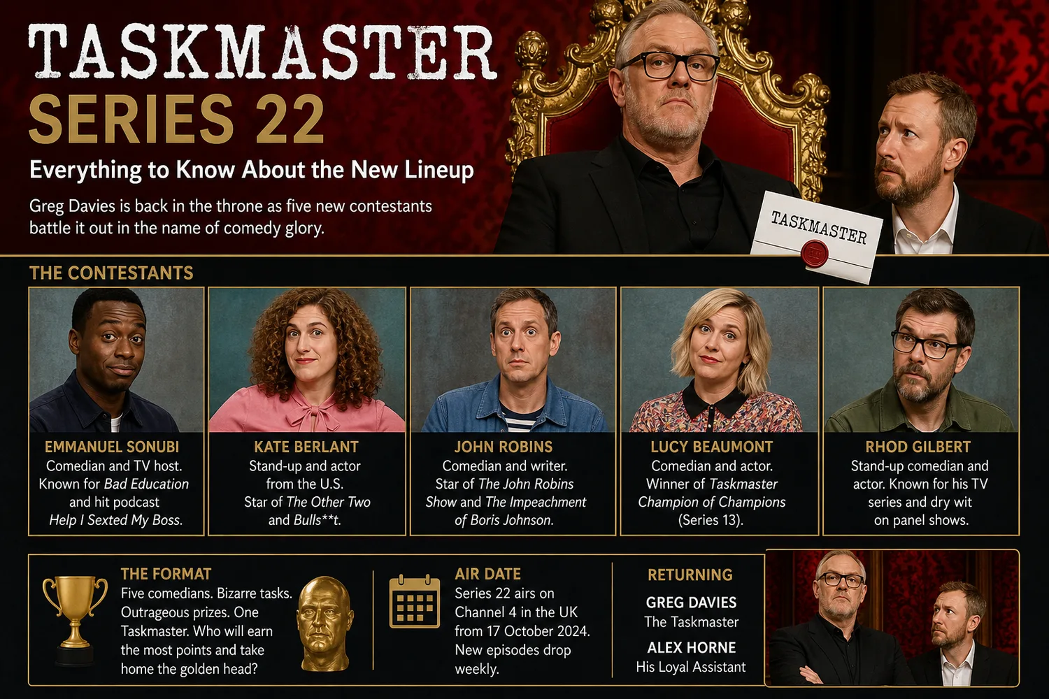 Key art for Taskmaster series 22 showing Greg Davies and Alex Horne with the new contestant lineup.