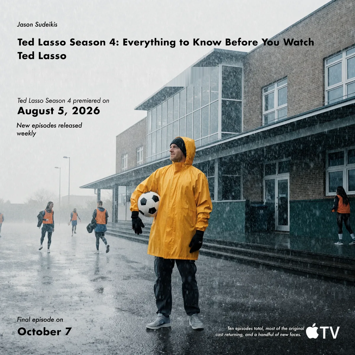 Ted Lasso Season 4 poster showing Jason Sudeikis in a yellow raincoat holding a soccer ball on a rain-soaked field outside a school building, premiere date August 5, 2026.