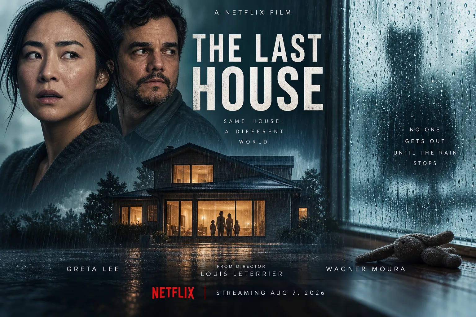 The Last House Netflix poster showing Greta Lee and Wagner Moura in front of a rain-lit house at night, with a rain-streaked window and a child's stuffed toy in the foreground.