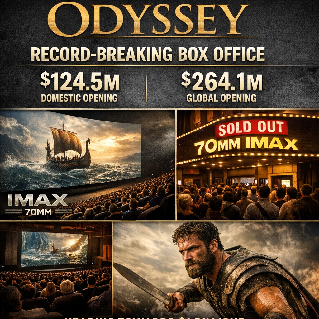 Infographic detailing The Odyssey record-breaking box office with $124.5M Domestic Opening, $264.1M Global Opening, and 70mm IMAX sold out marquee.