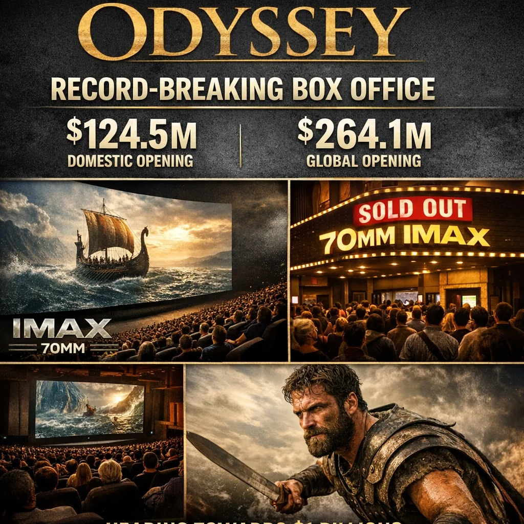 Infographic detailing The Odyssey record-breaking box office with $124.5M Domestic Opening, $264.1M Global Opening, and 70mm IMAX sold out marquee.