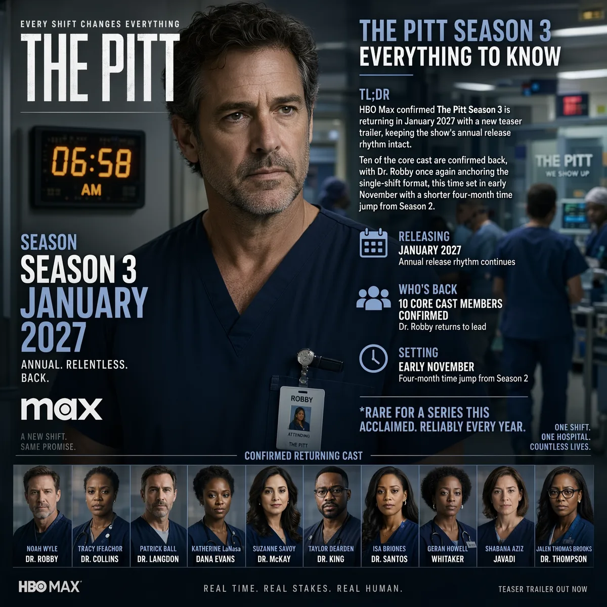 The Pitt Season 3 key art showing Dr. Robby in blue scrubs under a hospital clock reading 06:58 AM, with January 2027 release date and the confirmed returning cast headshots below.