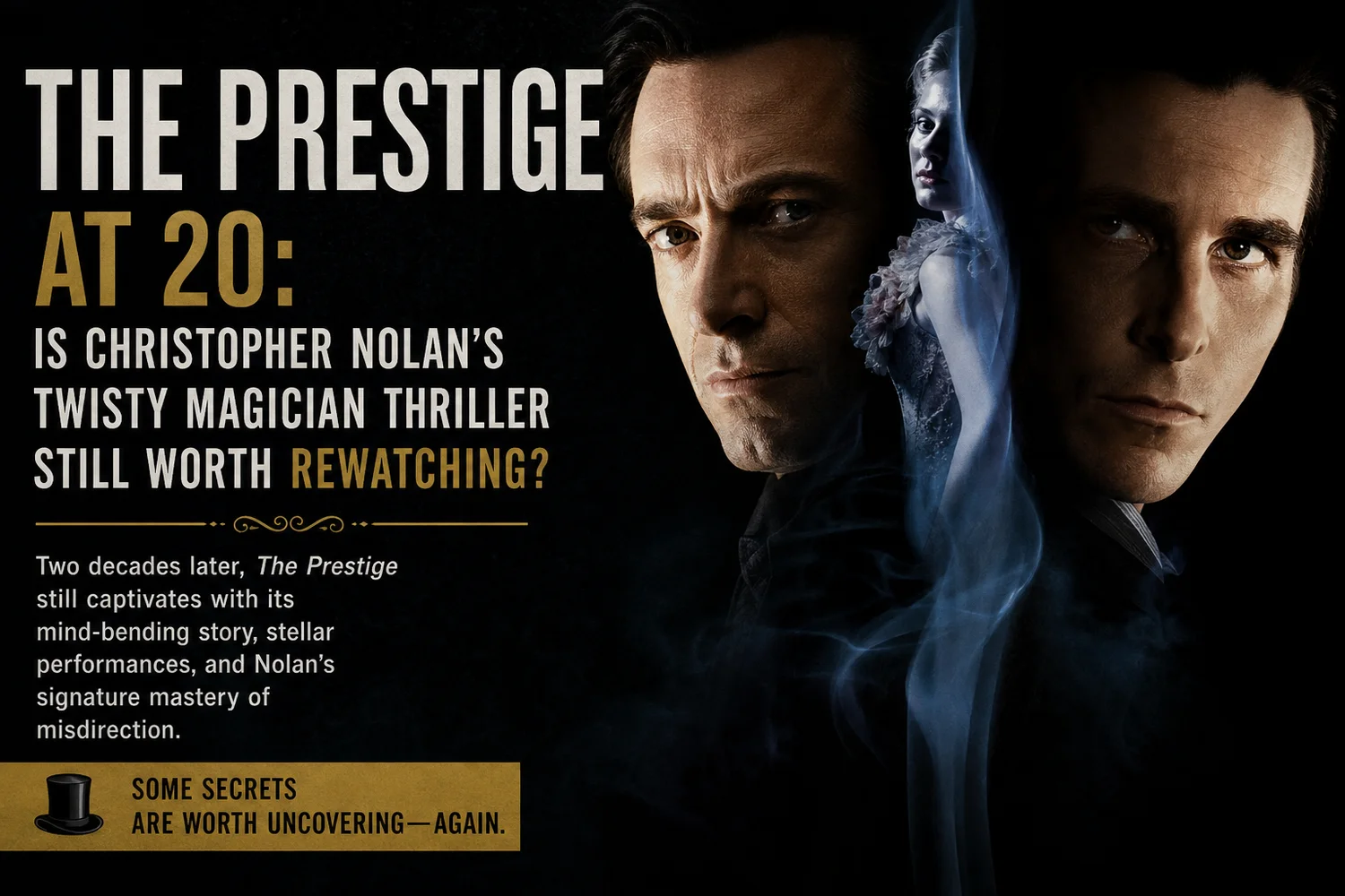 The Prestige at 20 hero graphic featuring Hugh Jackman and Christian Bale as rival magicians.