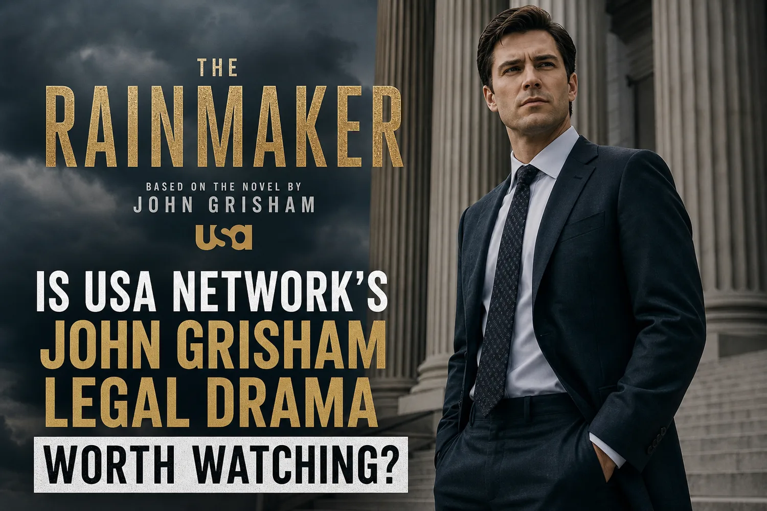 Key art for The Rainmaker showing Milo Callaghan as Rudy Baylor outside a courthouse.