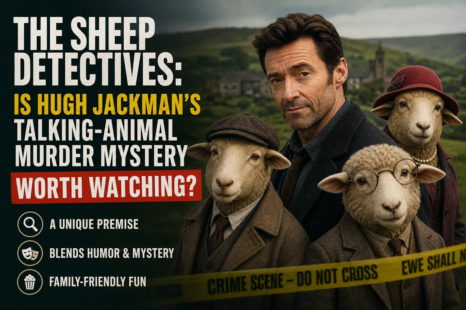 The Sheep Detectives poster art featuring Hugh Jackman alongside a flock of detective sheep in tweed.