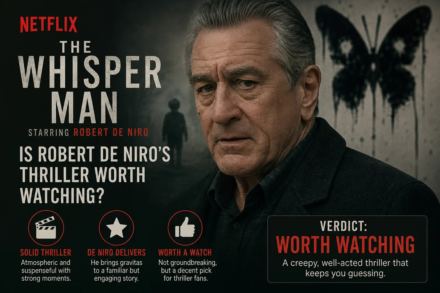Key art for The Whisper Man on Netflix showing Robert De Niro.