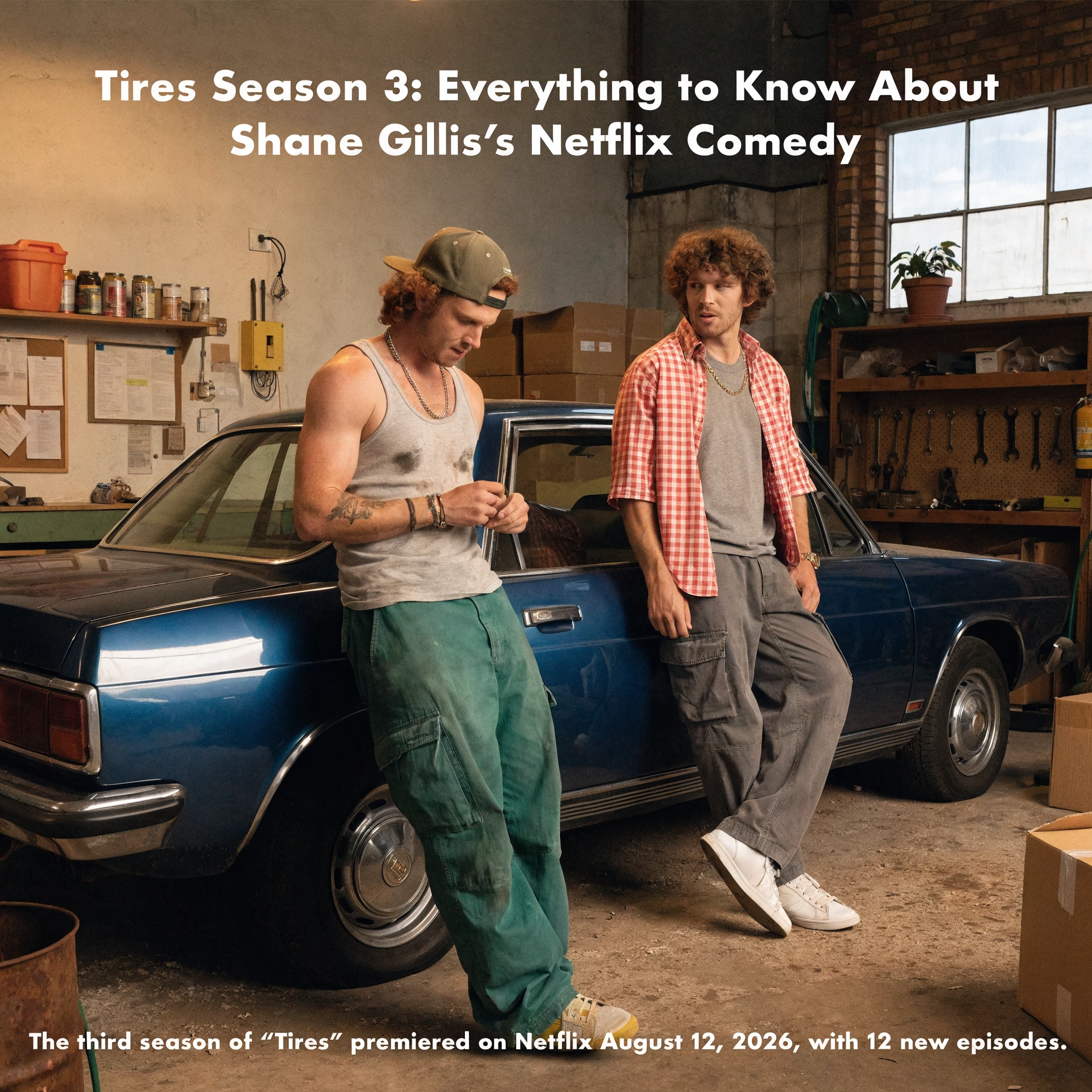 Tires Season 3 Netflix poster featuring Shane Gillis, Steve Gerben, and the Valley Forge Automotive crew inside the garage.