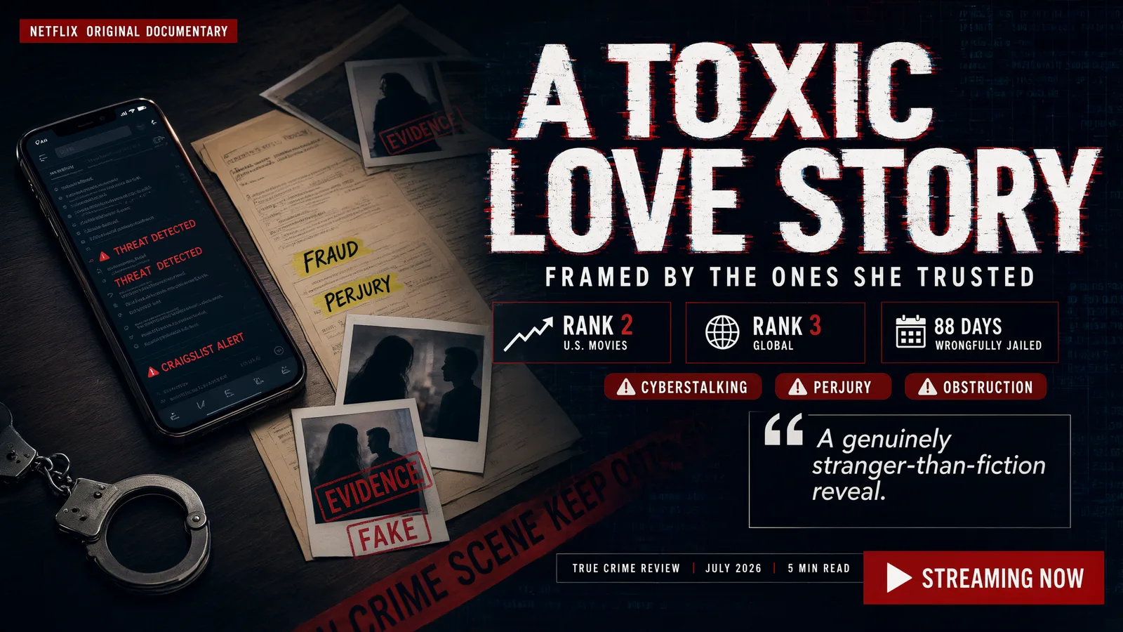 A Toxic Love Story Netflix documentary artwork showing case files, evidence photographs and a phone displaying threat alerts.