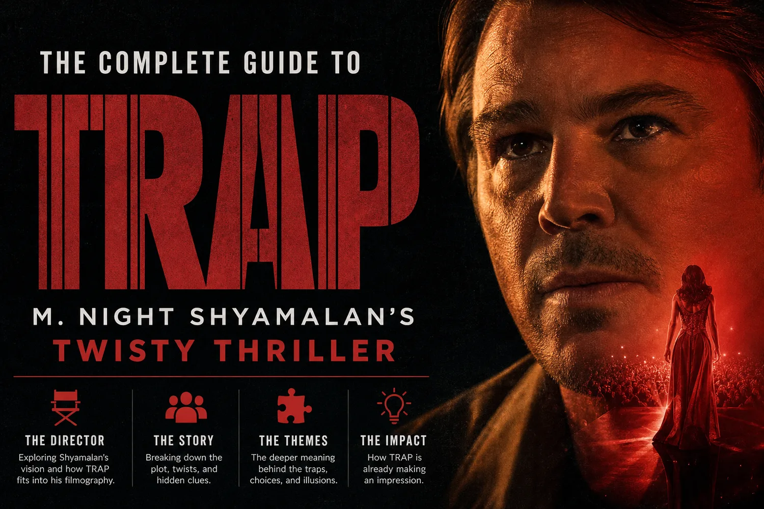 Key art for Trap showing Josh Hartnett as Cooper Abbott at his daughter's concert, secretly the serial killer known as The Butcher.