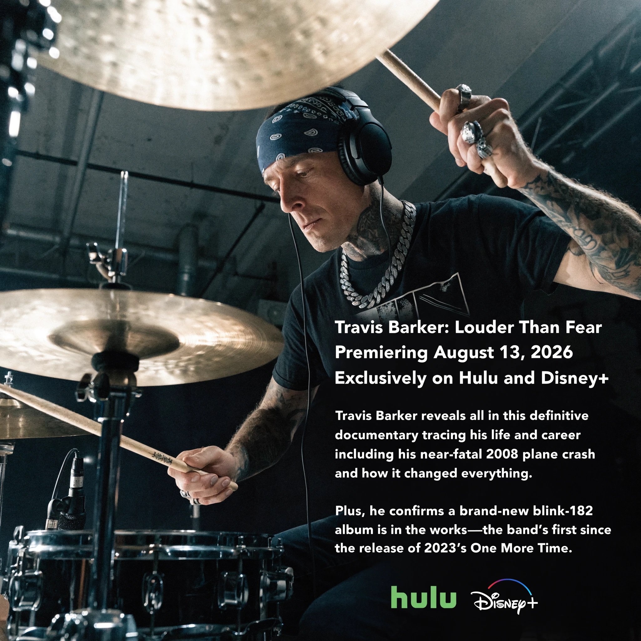 Travis Barker performing on drums with documentary title Louder Than Fear in bold punk lettering.
