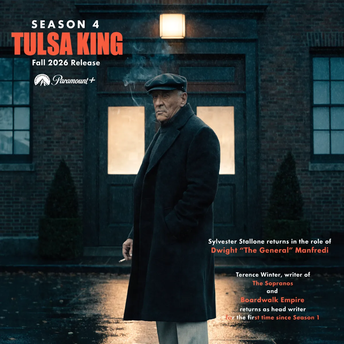 Tulsa King Season 4 key art of Sylvester Stallone as Dwight Manfredi standing outside at night, with Fall 2026 release and Terence Winter's return as head writer noted.