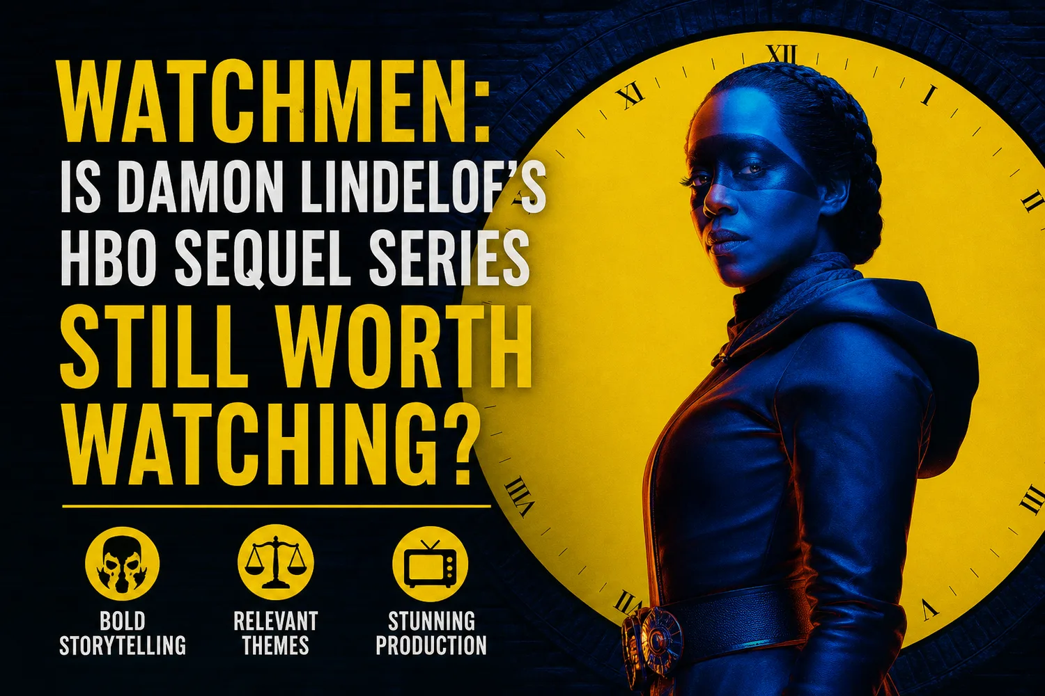 Key art for HBO's Watchmen showing Regina King as Angela Abar in front of a clock face.