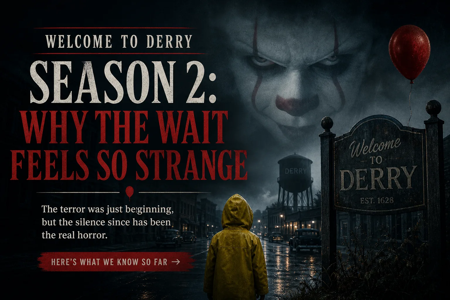 Welcome to Derry Season 2 poster showing a child in a yellow raincoat approaching a town sign as Pennywise the clown lurks in the fog holding a red balloon.