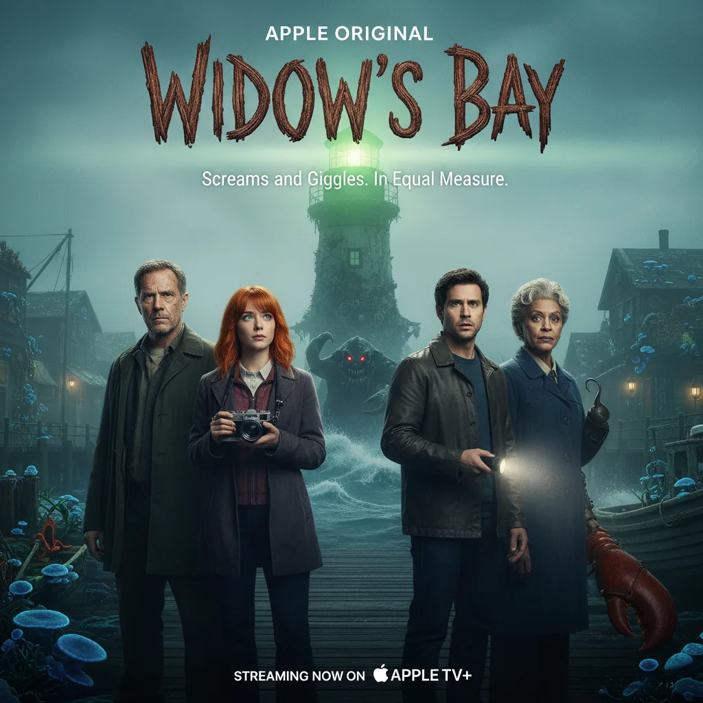 Widow's Bay Apple Original poster showing four cast members standing on a foggy dock with a lighthouse and a lurking sea monster behind them.