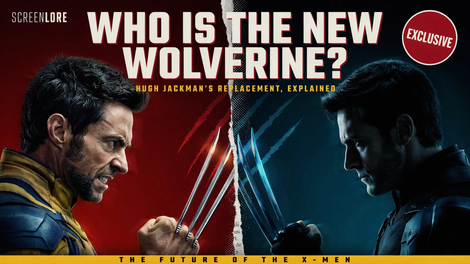 Split-image graphic of Hugh Jackman as Wolverine facing his own silhouette, illustrating the confusion over who plays Wolverine next.
