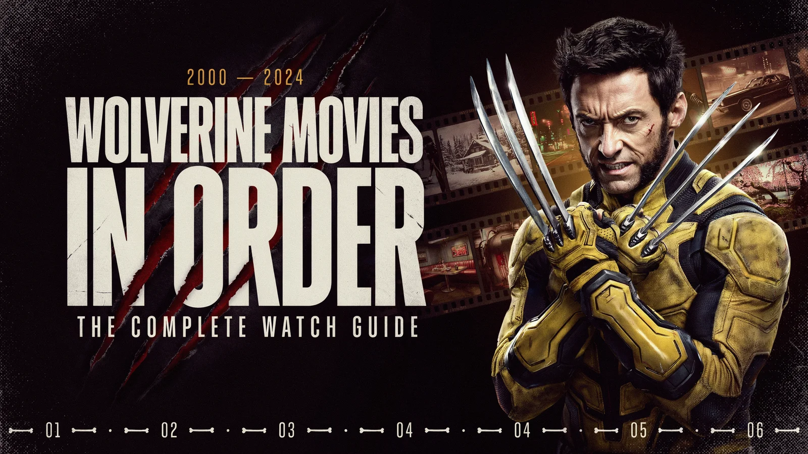 Wolverine Movies in Order hero graphic featuring Logan, X2, and Days of Future Past poster art.
