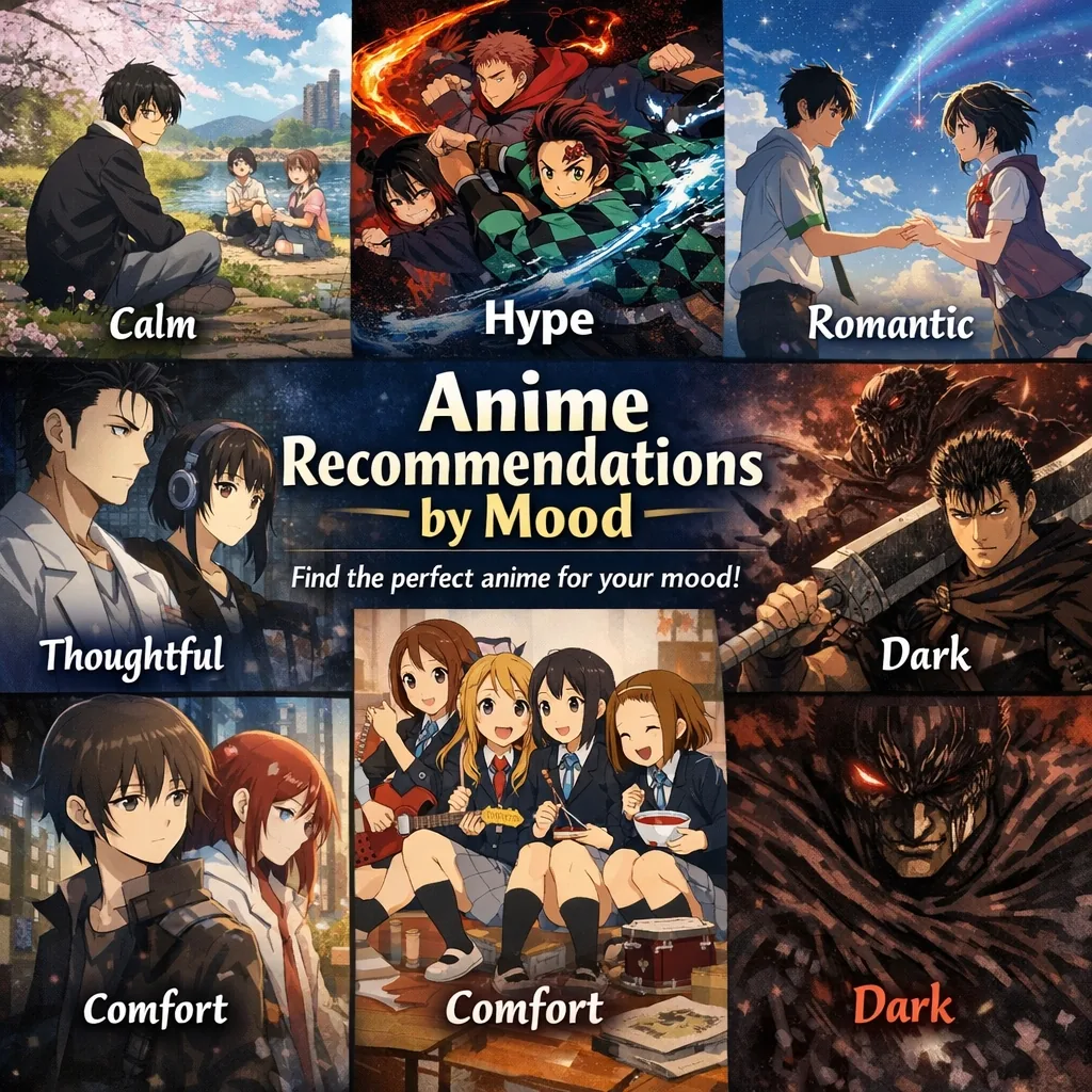 A grid titled Anime Recommendations by Mood featuring picks for Calm, Hype, Romantic, Thoughtful, Comfort, and Dark.