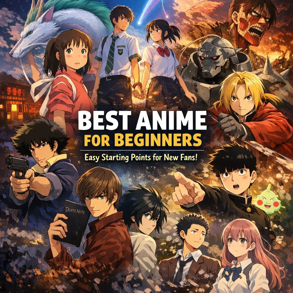 A banner titled Best Anime for Beginners: Easy Starting Points for New Fans! featuring characters from Spirited Away, Your Name, Cowboy Bebop, Death Note, Attack on Titan, Fullmetal Alchemist, Mob Psycho 100, and A Silent Voice.