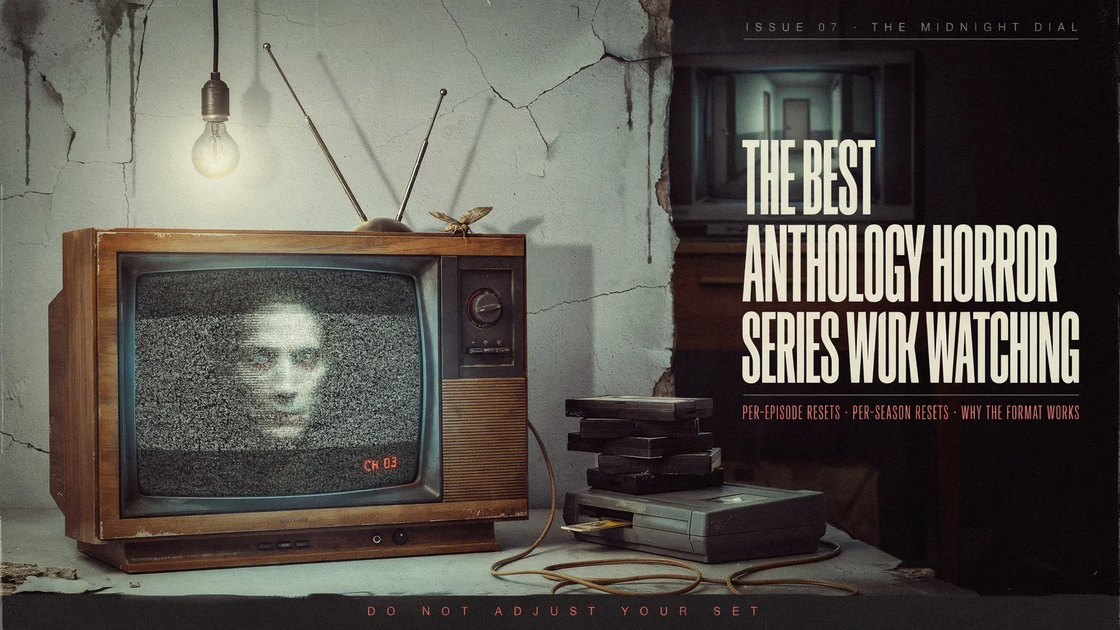 An old wood-paneled television showing a ghostly face in static beside a stack of VHS tapes, titled The Best Anthology Horror Series Worth Watching.