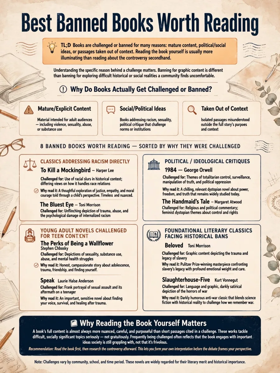 Best Banned Books Worth Reading infographic featuring To Kill a Mockingbird, The Bluest Eye, 1984, The Handmaid's Tale, The Perks of Being a Wallflower, Speak, Beloved, and Slaughterhouse-Five.