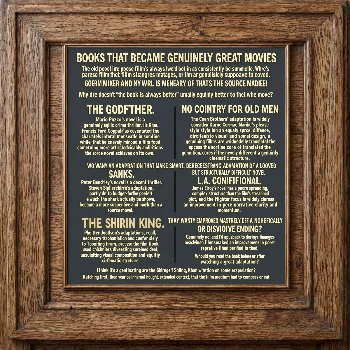 Books That Became Genuinely Great Movies infographic featuring The Godfather, Jaws, The Shining, No Country for Old Men, The Lord of the Rings trilogy, and L.A. Confidential.