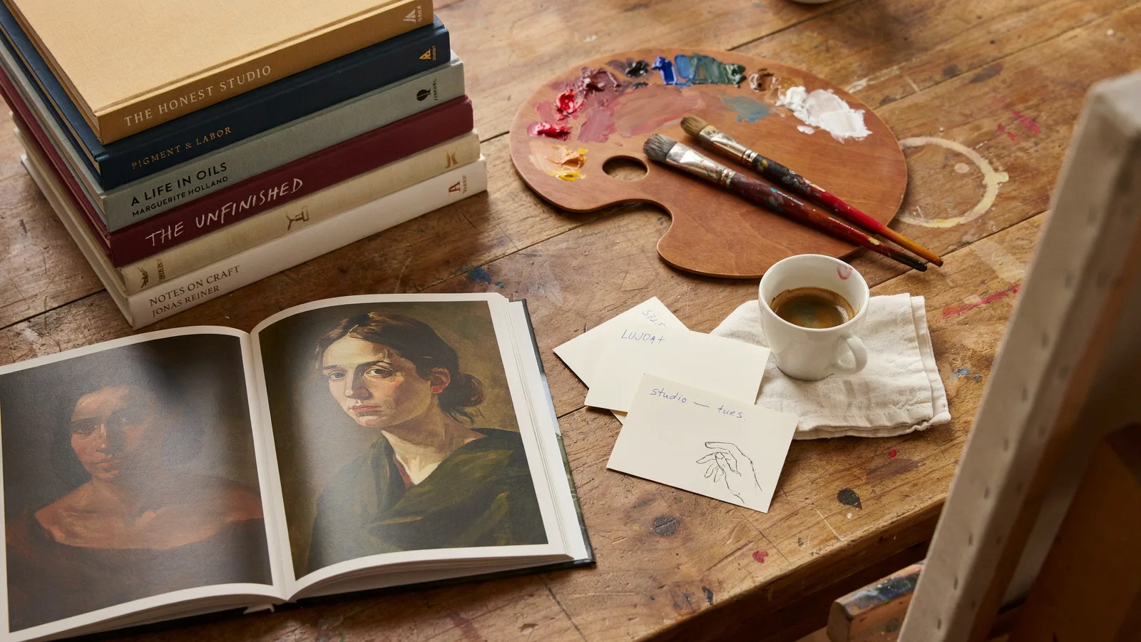 A painter's palette and brushes resting beside a stack of books about artists, titled Best Books About Art and Artists.