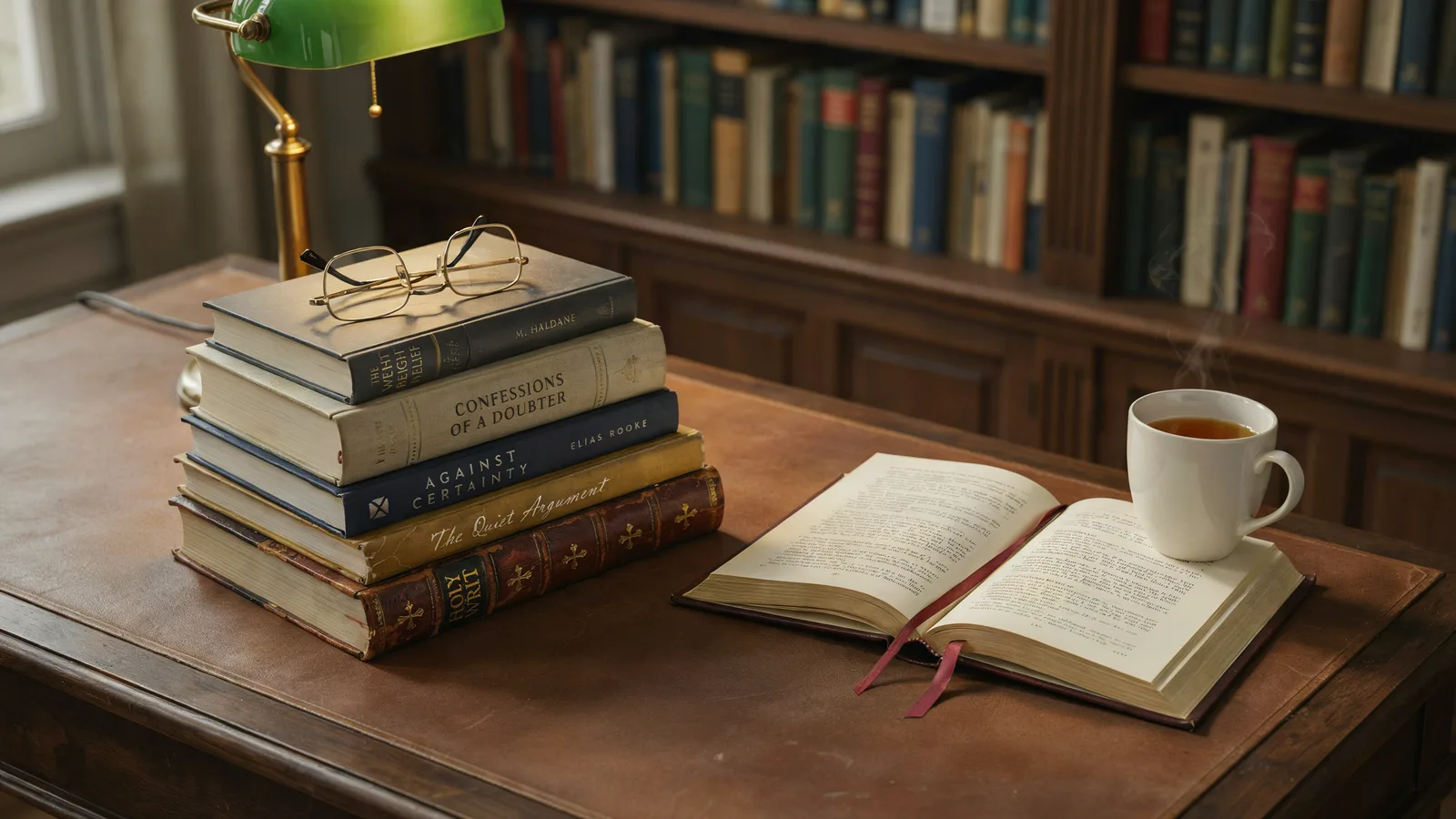 A stack of books about faith and doubt beside an open Bible and reading glasses on a library desk.