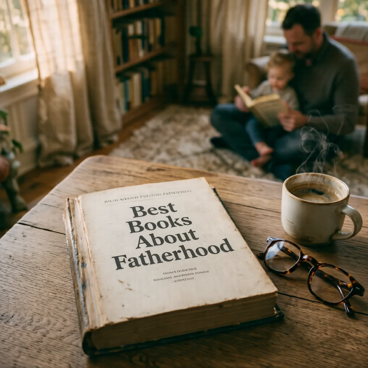 A father's hand resting on a stack of books about fatherhood beside a child's small shoes, titled Best Books About Fatherhood.