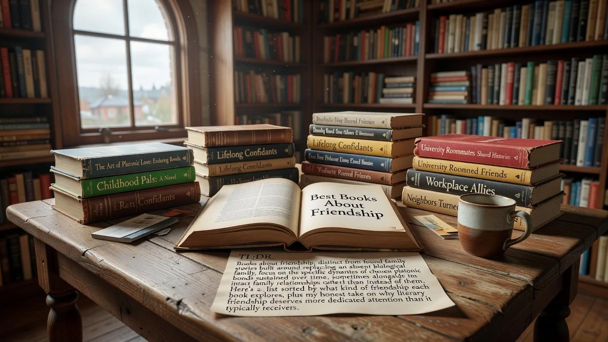 Stacks of novels about friendship including Lifelong Confidants and University Roommates on a library table with an open book titled Best Books About Friendship.