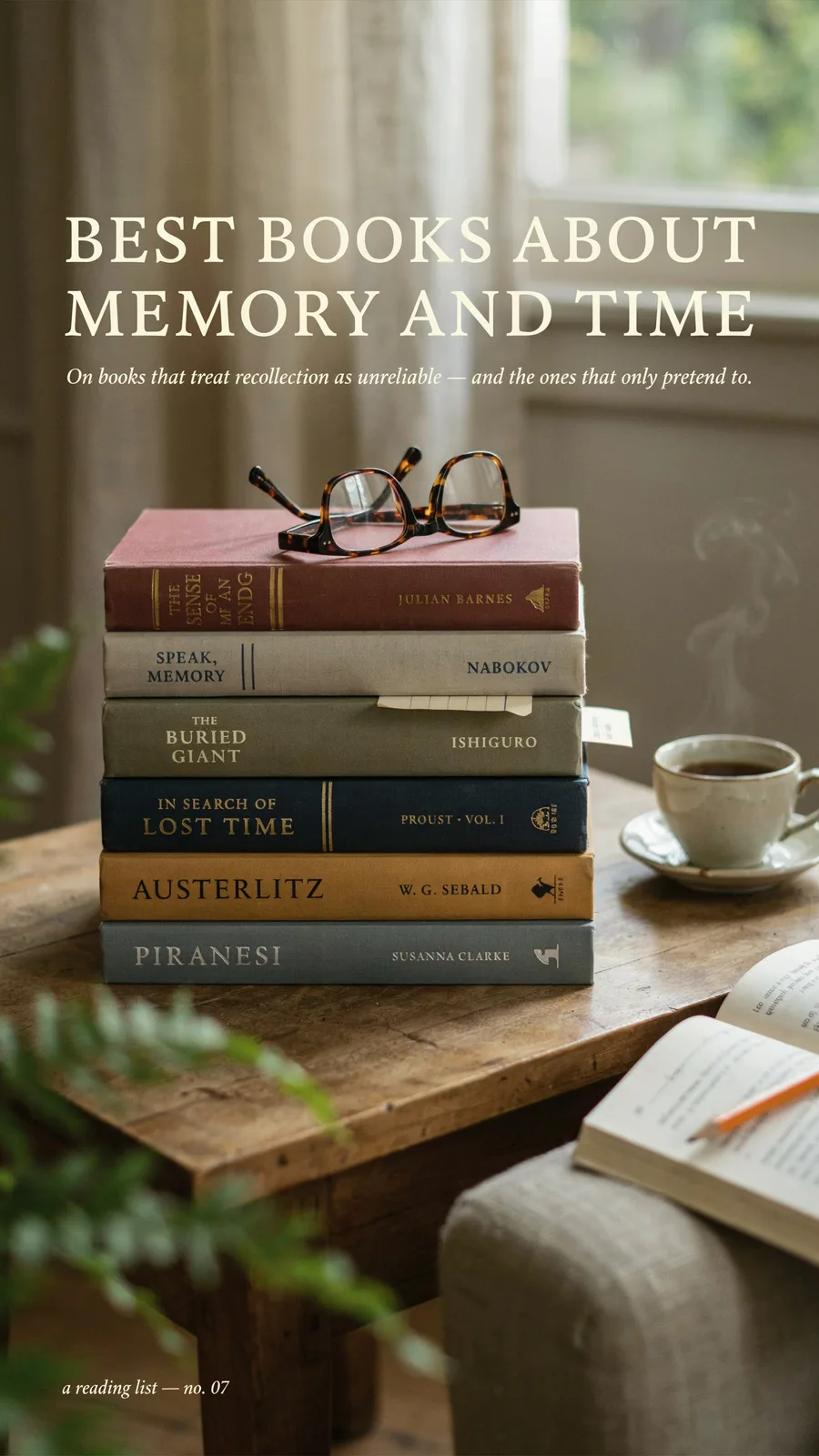 A cracked antique pocket watch resting on a stack of novels beside a faded photograph, titled Best Books About Memory and Time.
