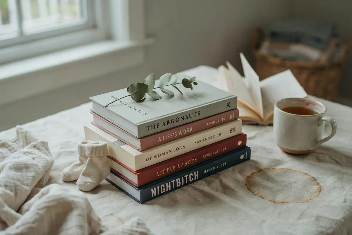 A stack of books about motherhood including The Argonauts and Nightbitch on a bed beside baby socks and a cup of tea.