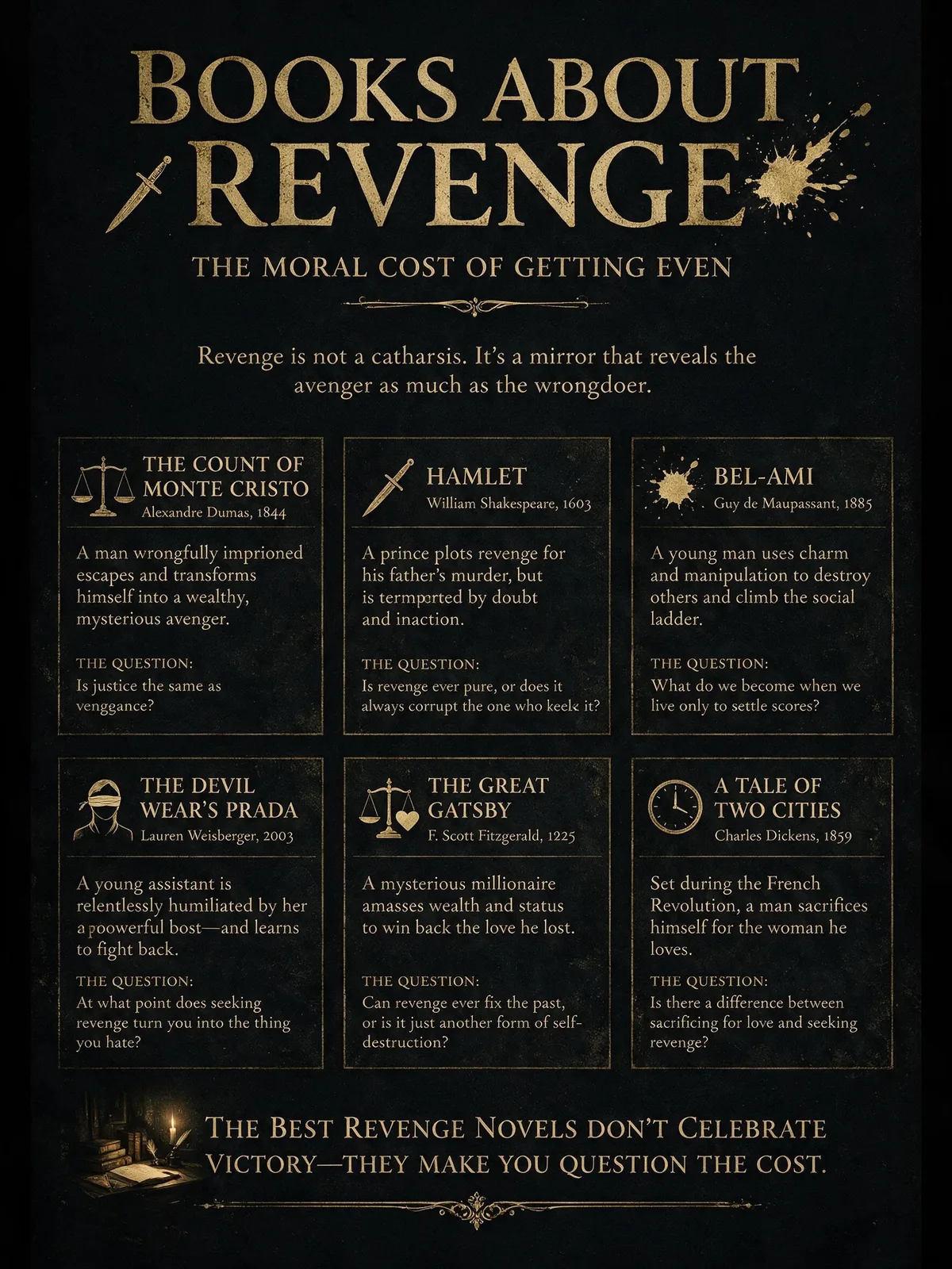 A stack of revenge novels including The Count of Monte Cristo and Gone Girl beside a chess piece and a candle, titled Best Books About Revenge.