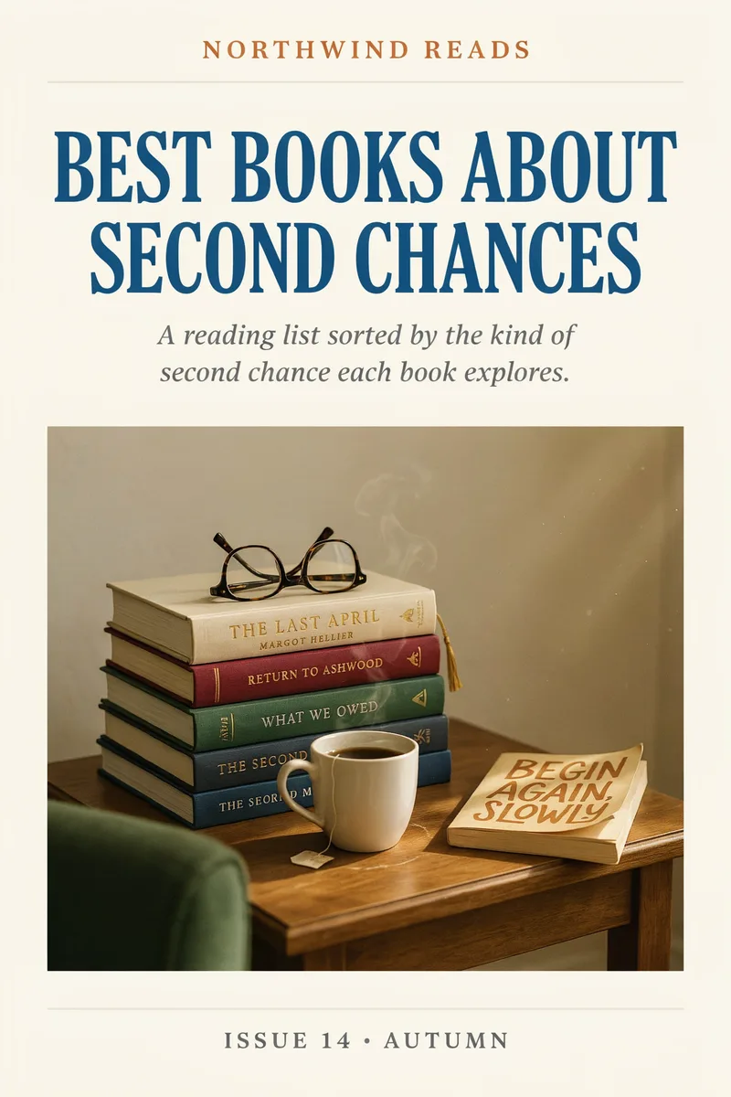An open book beside reading glasses and a cup of tea on a desk, titled Best Books About Second Chances.