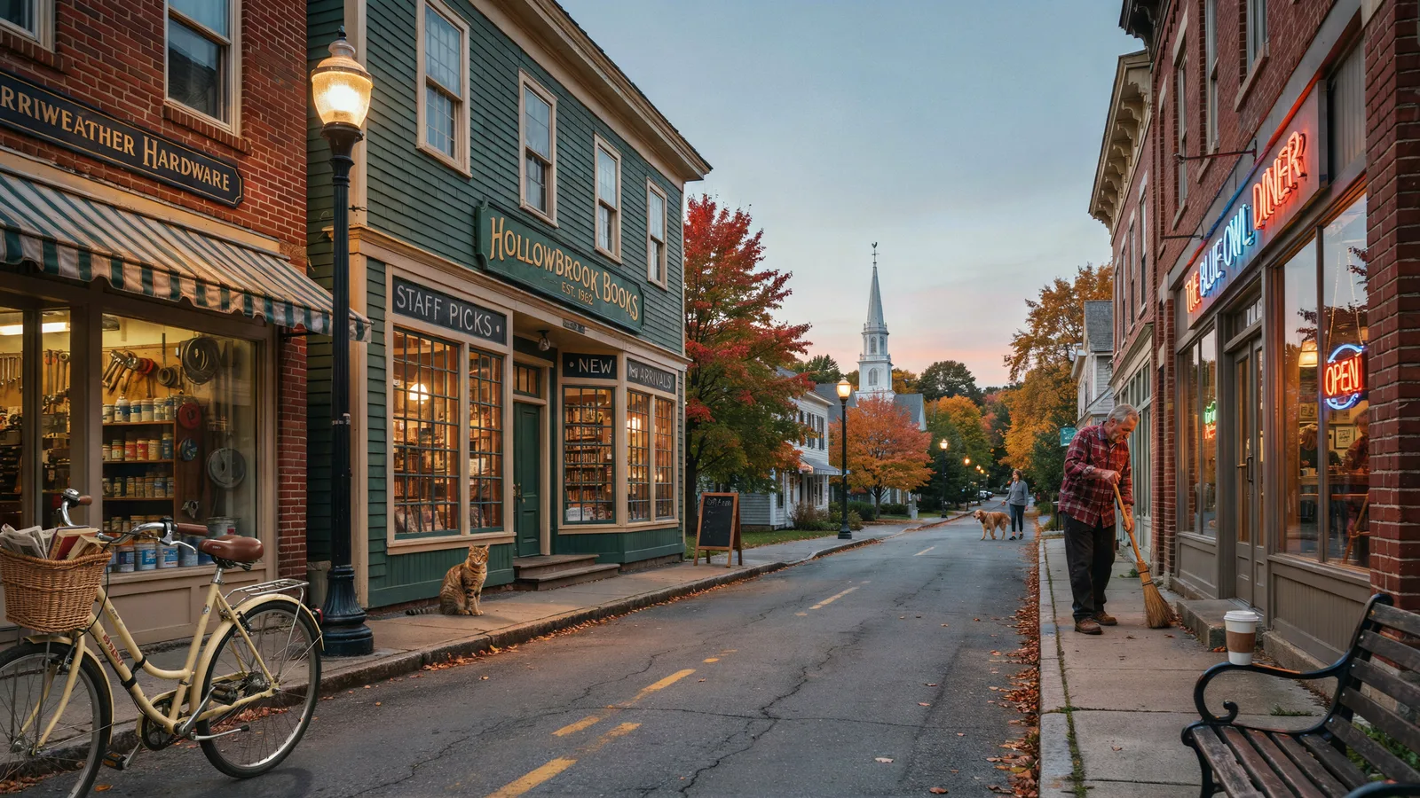 A quiet small-town Main Street at dusk with a diner and bookshop beside a stack of novels, titled Best Books Set in Small Towns.